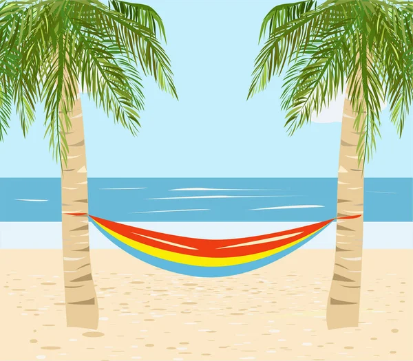 Dos Palmeras Una Hamaca Entre Ellas Playa — Vector de stock