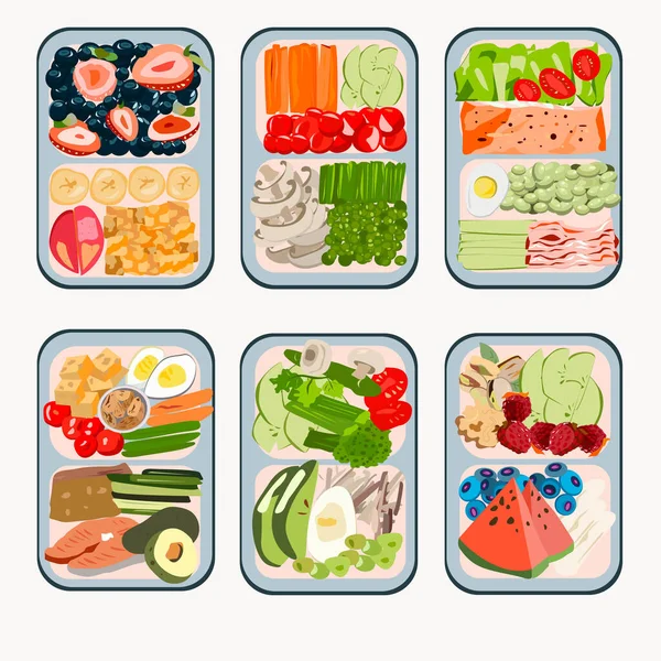 Γεύμα Για Σωστή Διατροφή Υγιεινό Σνακ Λαχανικά Φρούτα Και Ψάρια — Διανυσματικό Αρχείο