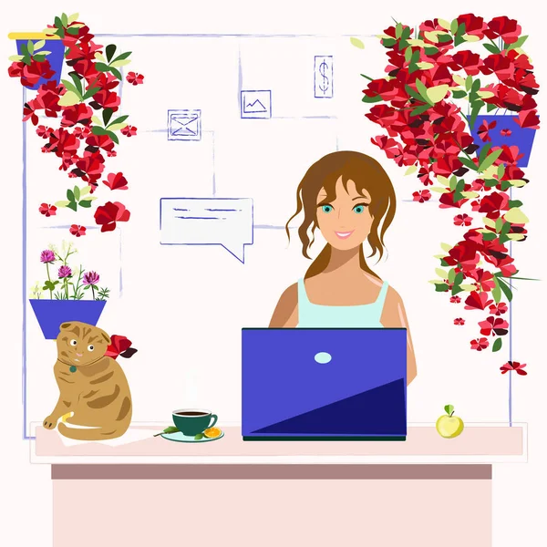 Thuis Werken Aan Computer Met Koffie Een Kat — Stockvector
