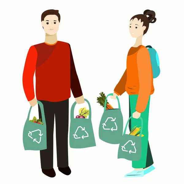 Man Woman Bags Food Eco Bags — Stock Vector