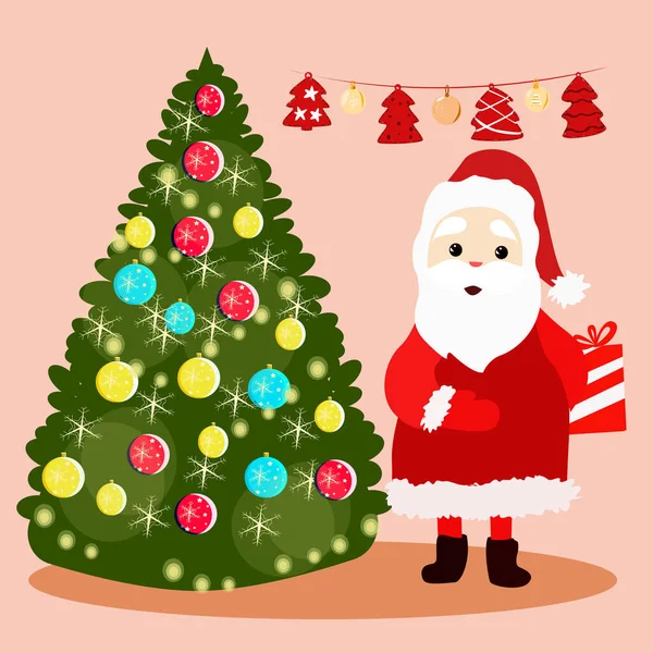 Santa Claus Stands Christmas Tree Holds Gift His Back — Stock Vector