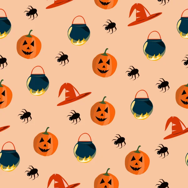 Modèle Sans Couture Pour Halloween Avec Chaudron Citrouilles Araignées Sur — Image vectorielle