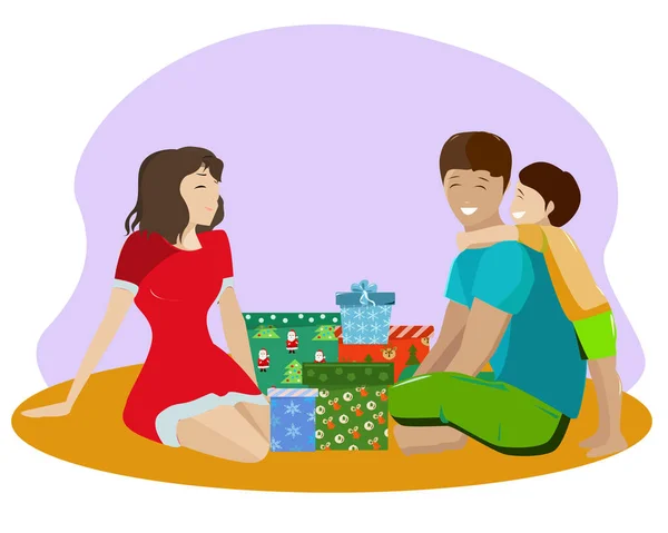 Familia Desempaca Los Regalos Para Navidad Sentados Suelo — Vector de stock