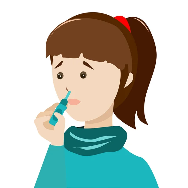 Dziewczyna Chowa Krople Przeziębienia Nosie — Wektor stockowy