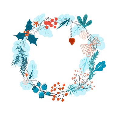 Ağaç dalları ve kırmızı ve mavi meyveli Noel çelengi