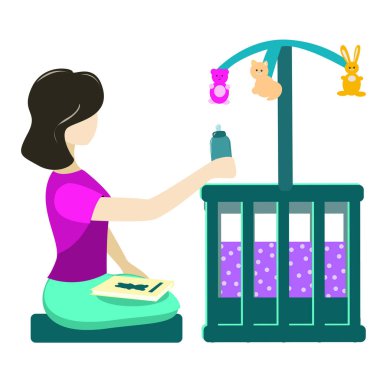 Anne beşiğin yanında bir şişe ve elinde bir kitapla oturuyor.