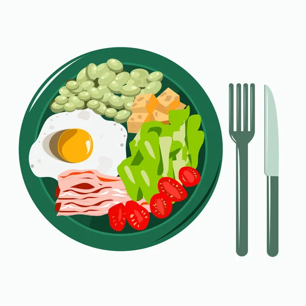 Frühstücksteller Mit Eiern Und Speck Und Gemüse Käse Und Bohnen — Stockvektor