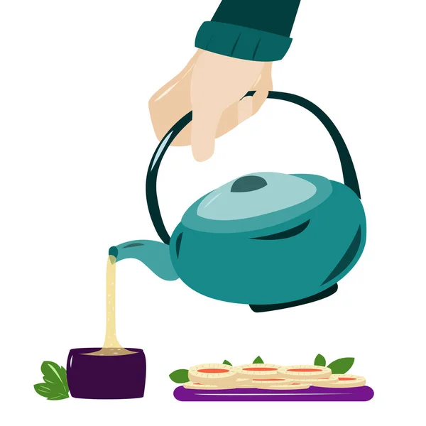 Eine Hand Hält Eine Teekanne Und Gießt Tee Eine Tasse — Stockvektor