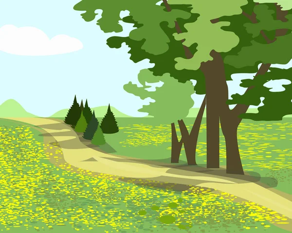 Пейзаж Летней Дороги Через Поле Одуванчиками Деревьями — стоковый вектор