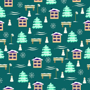 Noel temalı evlerde pürüzsüz desen köknar ağaçları ve kardan adamlar