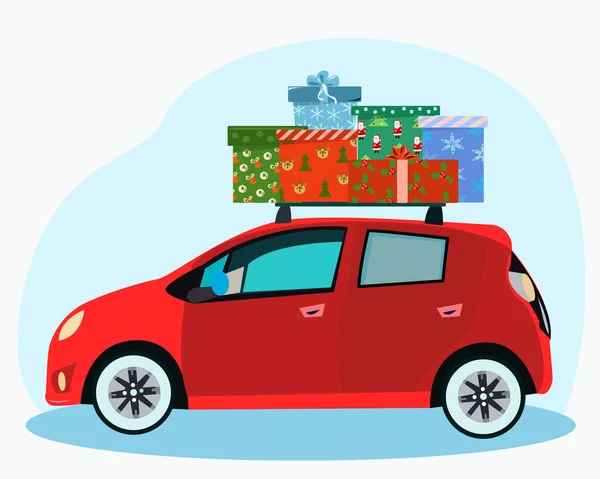 红色汽车载着礼物在房顶上过节 — 图库矢量图片