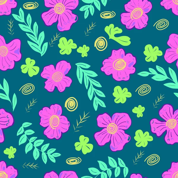 Seamless Pattern Pink Flowers Green Background Leaves — Stock Vector