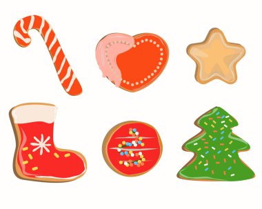 Noel için izole edilmiş beyaz arka planda zencefilli tatlı kurabiyeler.