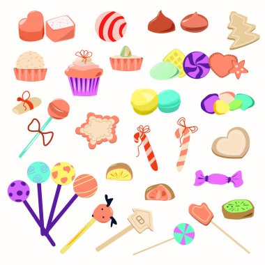 Beyaz arka planda farklı boyutlarda ve tipte şeker ve şeker seti