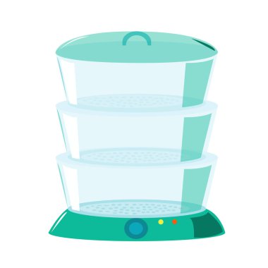 Sebze, et ve balık pişirmek için buhar makinesi. Beyaz arkaplandaki izole öge