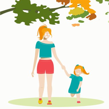 Anne ve kız birlikte yürüyorlar ve gülümsüyorlar.