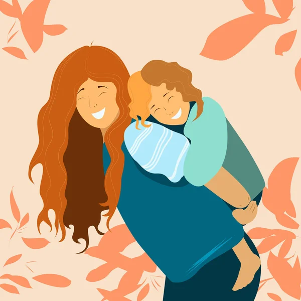 Anne kızını sırtında taşır ve hem güler hem de sevinir.