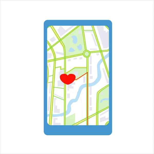 Smartphone Con Mapa Ciudad Corazón Carretera Que Conduce Ella — Vector de stock