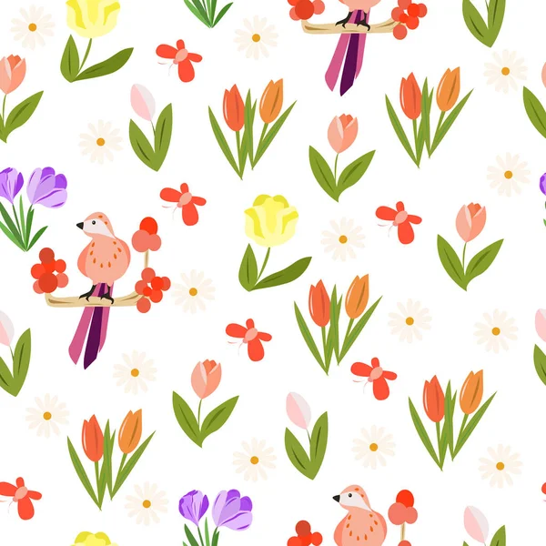 Patrón Sin Costuras Con Flores Primavera Pájaros — Vector de stock