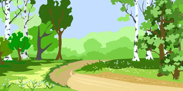 Baharda yol, kardelen ve huş ağaçlarıyla manzara