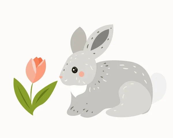 チューリップの近くの春のウサギ — ストックベクタ