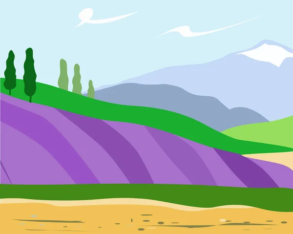 Пейзаж с полей лаванды и гор — стоковый вектор