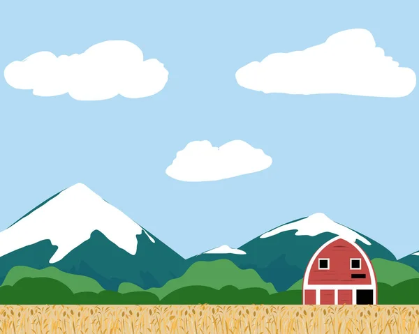 背景にある小麦と山の畑の農場 — ストックベクタ