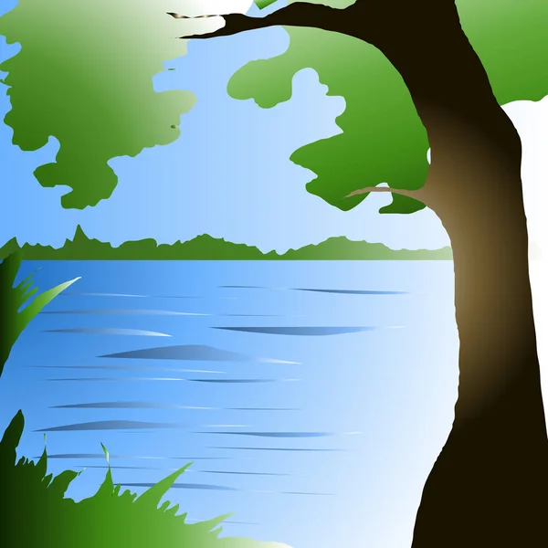 Paisagem com uma árvore na margem do lago — Vetor de Stock