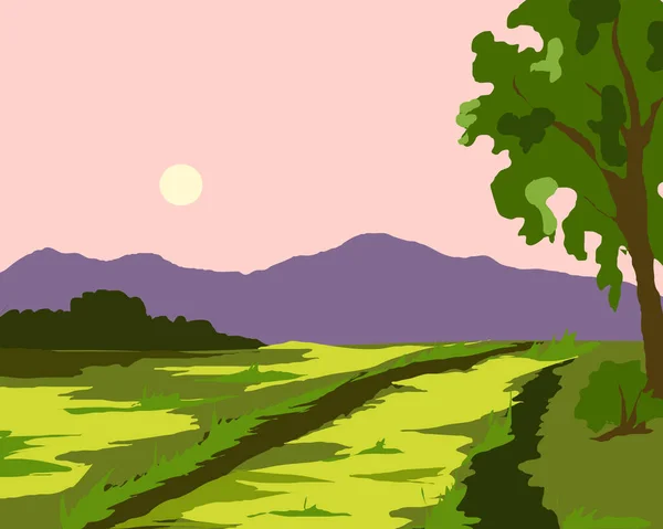 Estrada da paisagem para o campo e pôr do sol — Vetor de Stock
