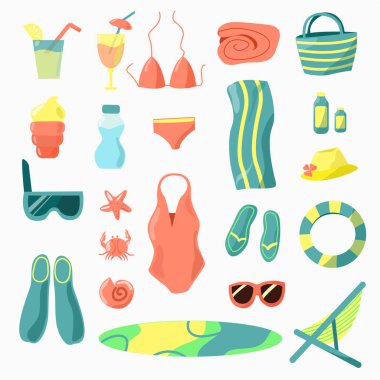 Plaj tatili için bir takım elementler.
