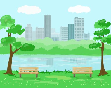 Gökdelenlerin arka planında gölet ağaçları ve banklar olan şehir parkı.