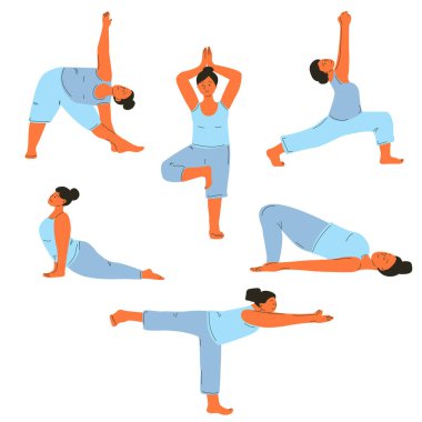 Beyaz arka planda yoga yapan bir grup kadın.
