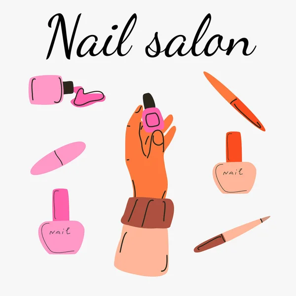 Hand Houden Nagellak Nagel Salon Belettering — Stockvector