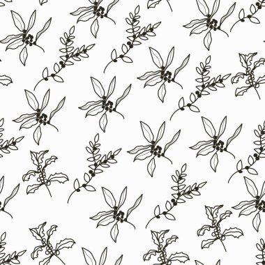 Böğürtlen ve çobanpüskülü siyah ve beyaz yapraklı kusursuz desen.