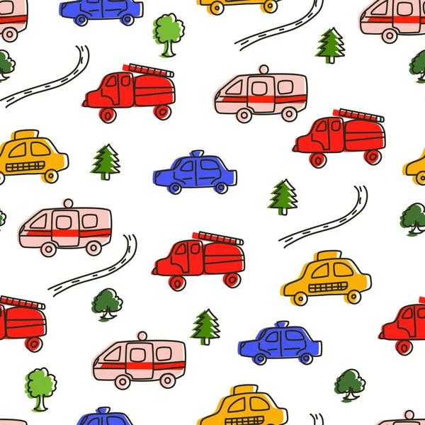 Seamless pattern with ambulance and fire and police cars for children.