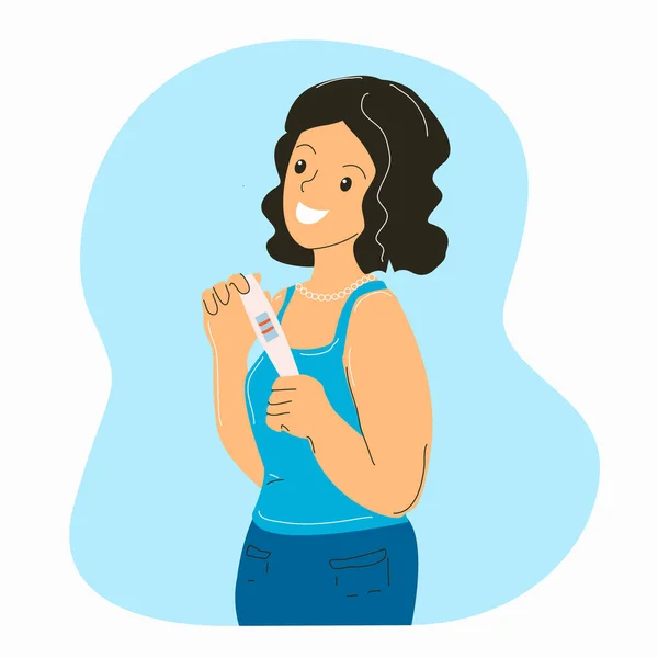 Женщина проводит тест на беременность с двумя полосками и улыбкой. — стоковый вектор