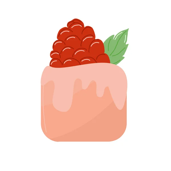 Un petit gâteau avec des framboises sur le dessus et une feuille de mastic. — Image vectorielle