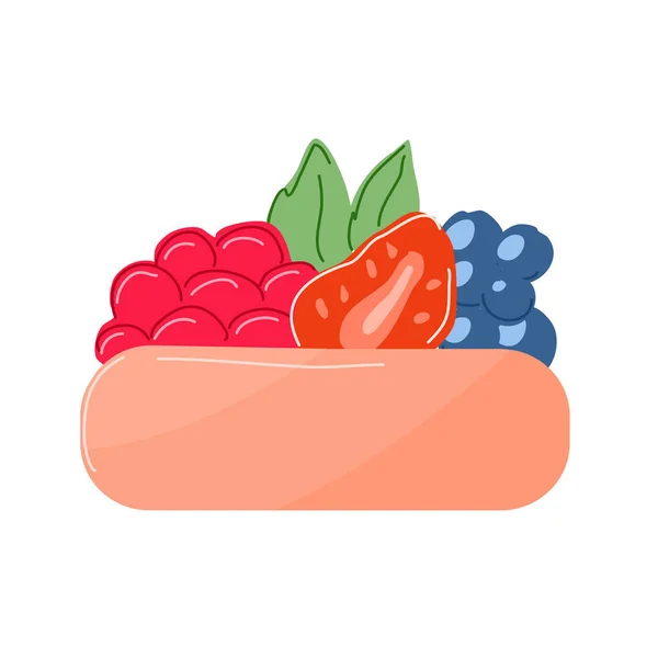Pastel con frambuesas y fresas y arándanos en un plato blanco — Archivo Imágenes Vectoriales