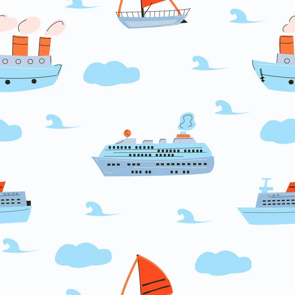 Бесшовный рисунок с морскими и парусными судами и круизными лайнерами. — стоковый вектор