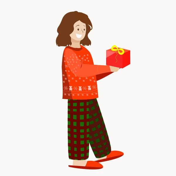 Una Chica Zapatillas Pijamas Recibe Regalo — Vector de stock