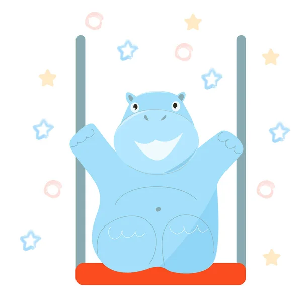 Blue Hippo Swinging Red Swing — Stock Vector