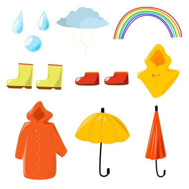 Yağmur, şemsiye, bot ve yağmurluk temalı bir dizi element..