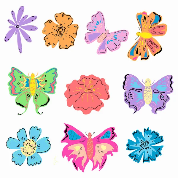Zestaw Jasnych Abstrakcyjnych Motyli Kwiatów — Wektor stockowy