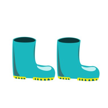 Sarı çubuklu mavi lastik çizmeler. Beyaz arkaplandaki element.