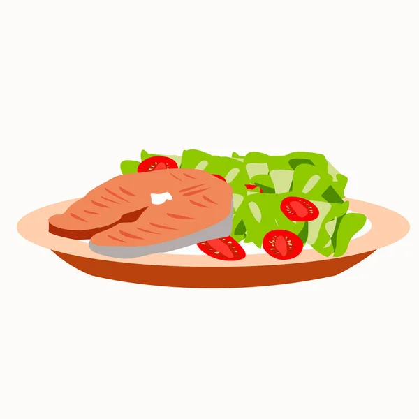 Κόκκινο Ψάρι Σαλάτα Και Ντομάτες Πιάτο Σωστή Διατροφή — Διανυσματικό Αρχείο