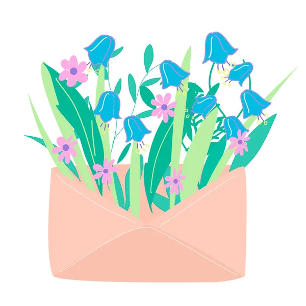Papierumschlag Mit Blumen Glocken Und Gänseblümchen — Stockvektor