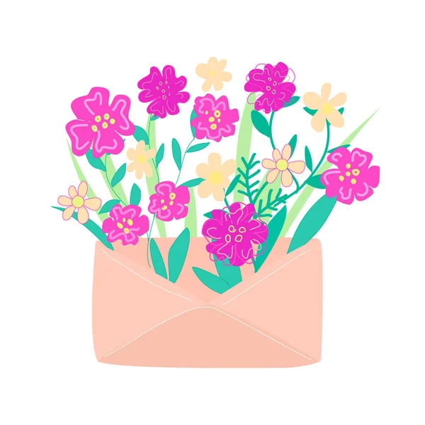 Papierowa koperta z purpurowymi kwiatami w środku. — Wektor stockowy