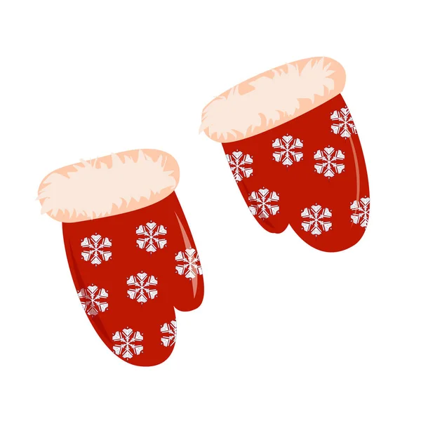 Red Winter Mittens Fur Snowflakes Isolated Element White Background — Stock Vector