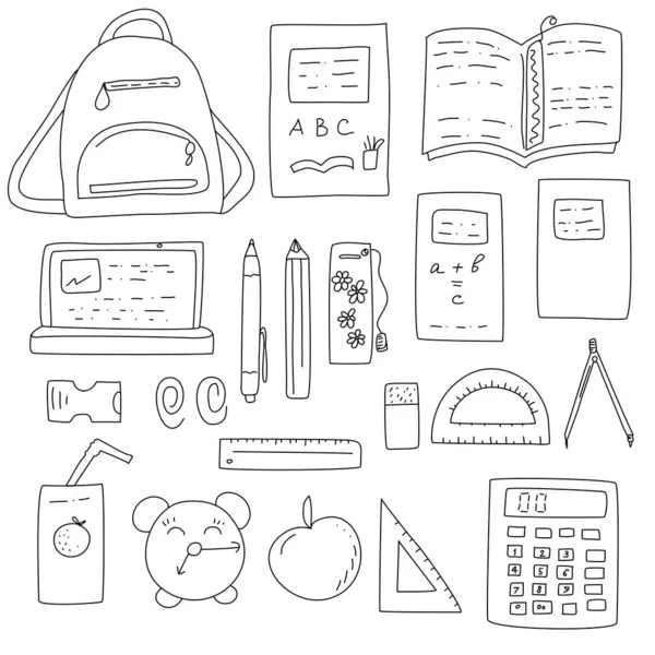 Conjunto de material escolar em estilo doodle preto e branco. — Fotografia de Stock