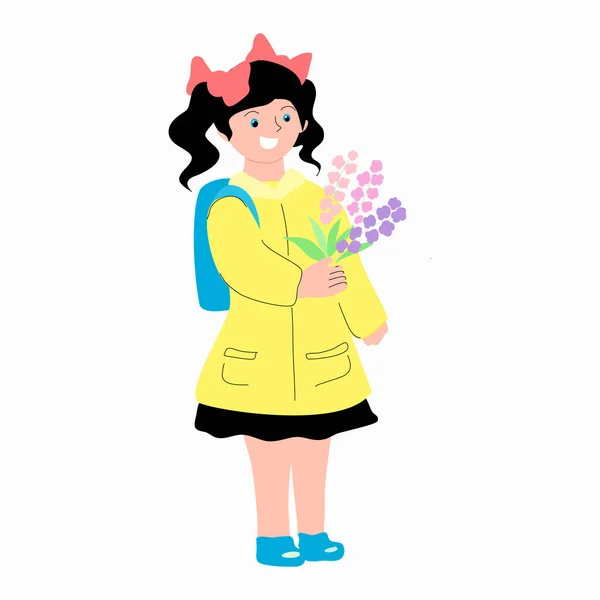 A girl with flowers and a satchel is going to school. — Stock Vector